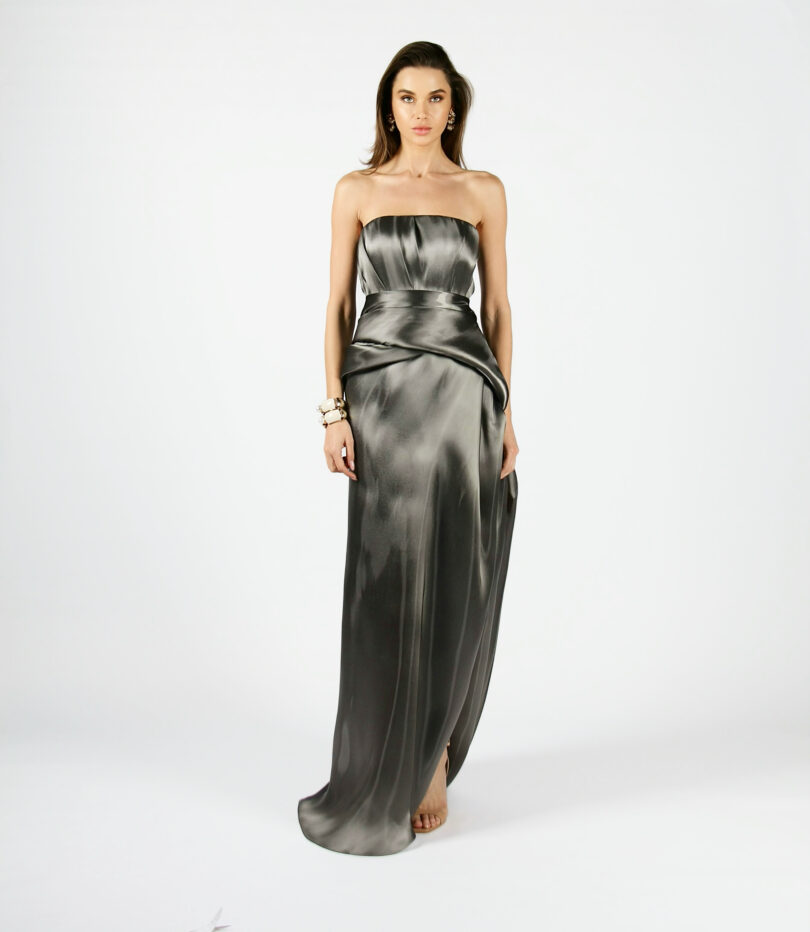 Malia draped bustier dress in glass organza